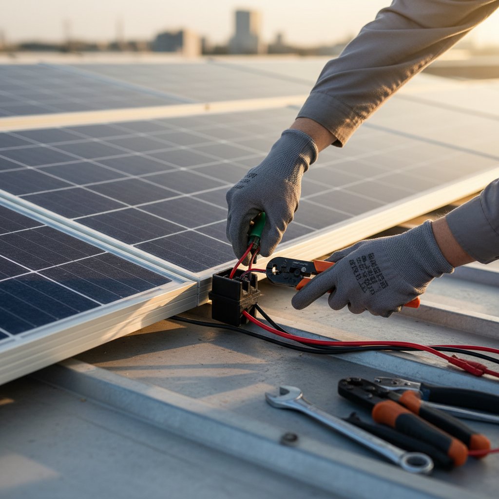 Close-up of solar panel installation showing professional mounting and wiring